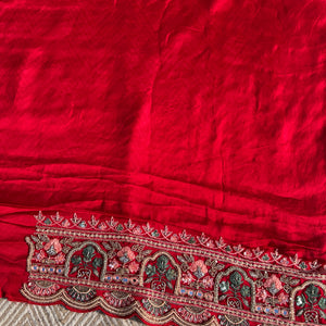 Red Tissue Saree with Unstitched Blouse with Thread, Dabka, Cutdana, Sequins, Mirror, Cutwork and Hand Work Embroidery 10