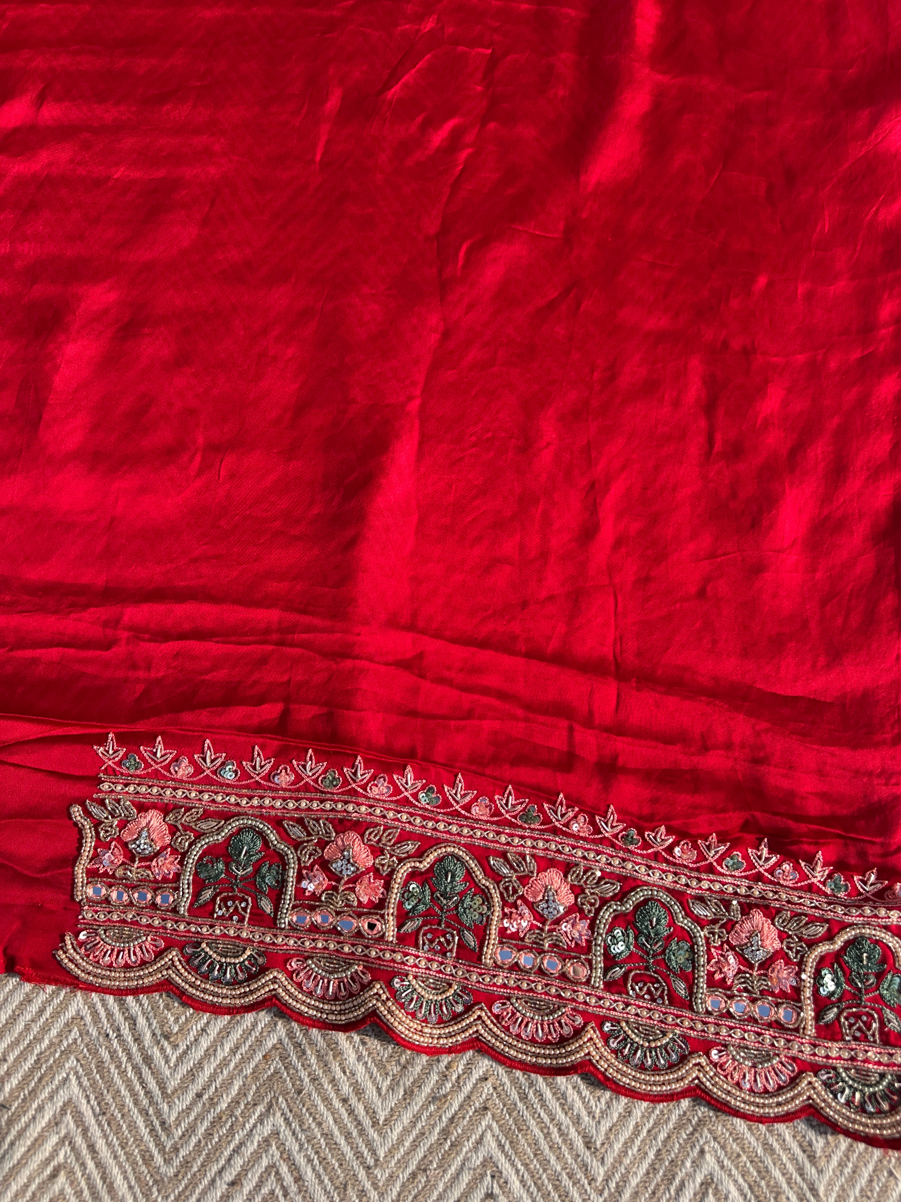 Red Tissue Saree with Unstitched Blouse with Thread, Dabka, Cutdana, Sequins, Mirror, Cutwork and Hand Work Embroidery 10
