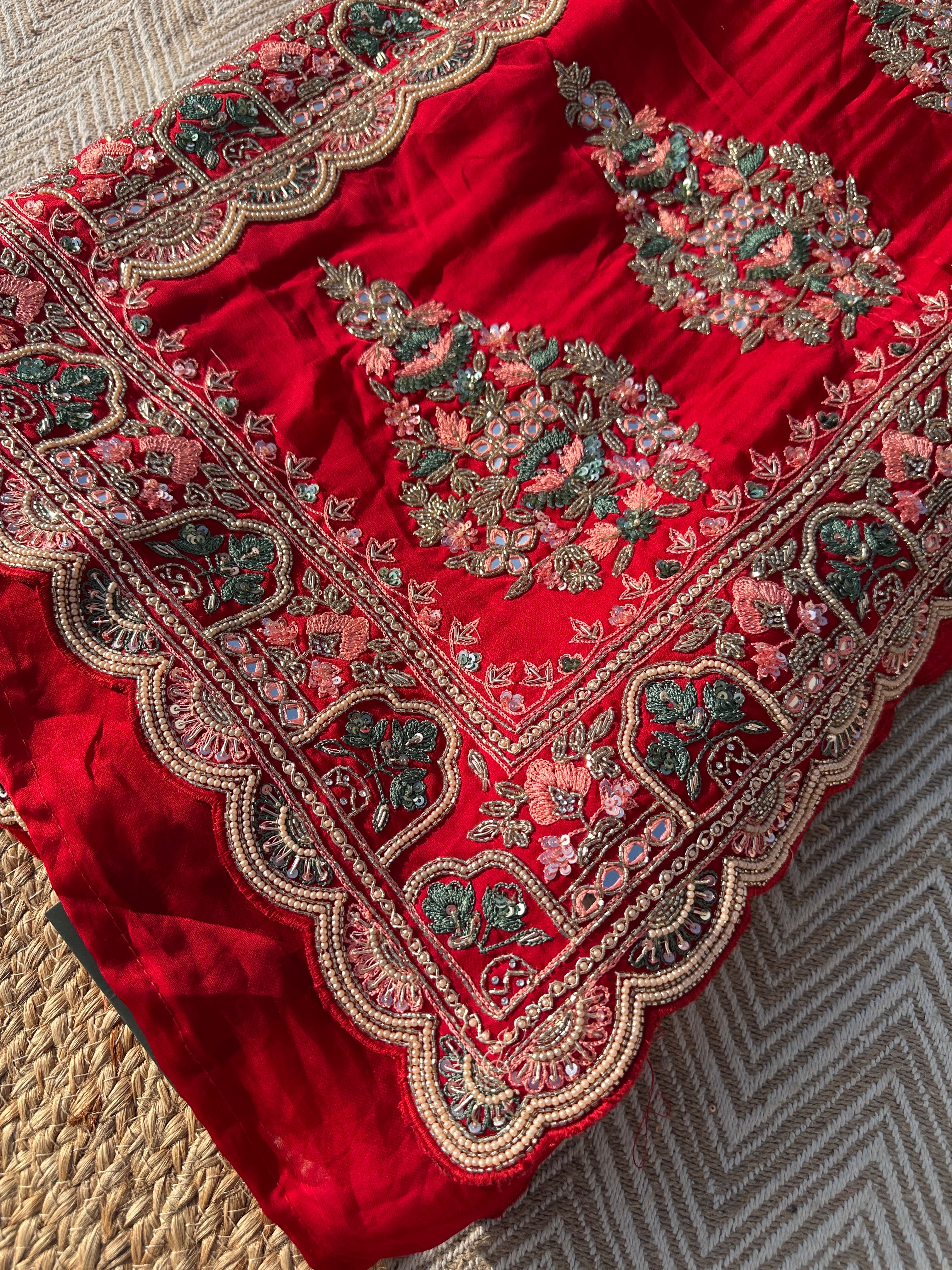 Red Tissue Saree with Unstitched Blouse with Thread, Dabka, Cutdana, Sequins, Mirror, Cutwork and Hand Work Embroidery 2