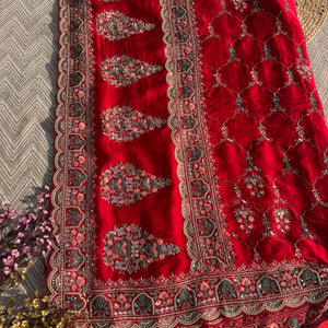 Red Tissue Saree with Unstitched Blouse with Thread, Dabka, Cutdana, Sequins, Mirror, Cutwork and Hand Work Embroidery 3