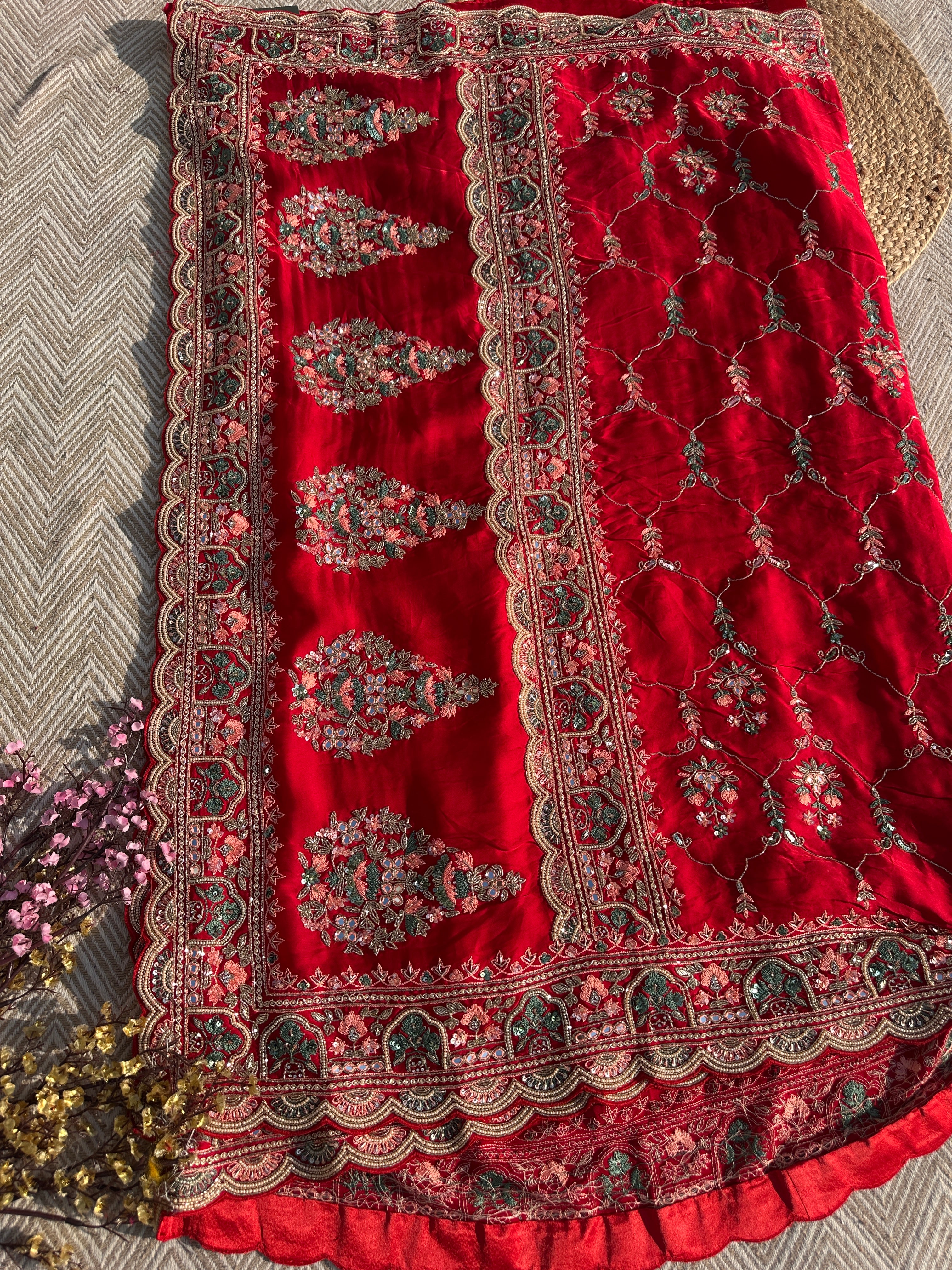 Red Tissue Saree with Unstitched Blouse with Thread, Dabka, Cutdana, Sequins, Mirror, Cutwork and Hand Work Embroidery 3