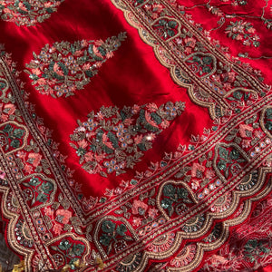 Red Tissue Saree with Unstitched Blouse with Thread, Dabka, Cutdana, Sequins, Mirror, Cutwork and Hand Work Embroidery 4