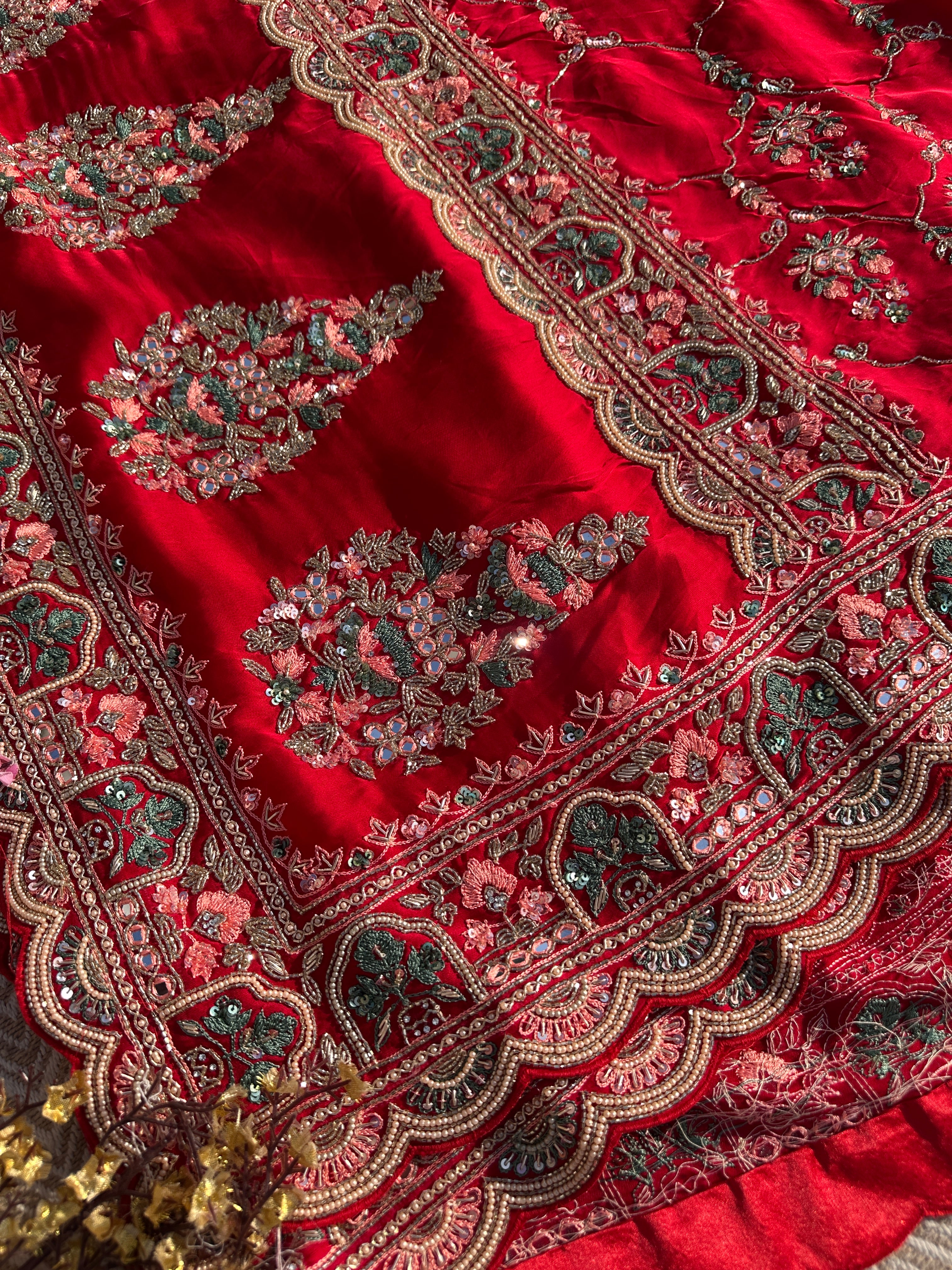 Red Tissue Saree with Unstitched Blouse with Thread, Dabka, Cutdana, Sequins, Mirror, Cutwork and Hand Work Embroidery 4