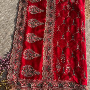 Red Tissue Saree with Unstitched Blouse with Thread, Dabka, Cutdana, Sequins, Mirror, Cutwork and Hand Work Embroidery 5
