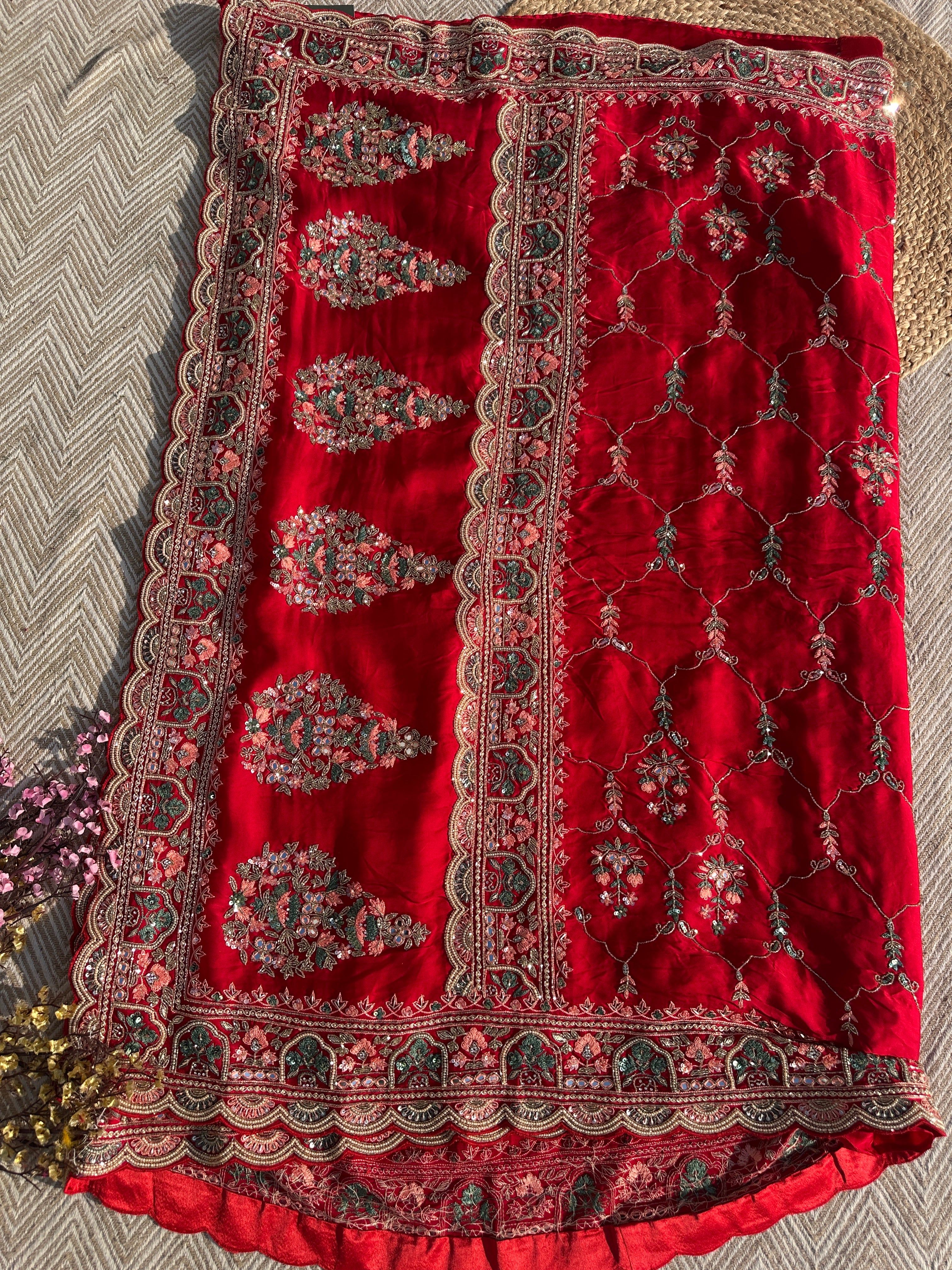 Red Tissue Saree with Unstitched Blouse with Thread, Dabka, Cutdana, Sequins, Mirror, Cutwork and Hand Work Embroidery 5