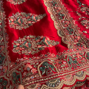 Red Tissue Saree with Unstitched Blouse with Thread, Dabka, Cutdana, Sequins, Mirror, Cutwork and Hand Work Embroidery 6