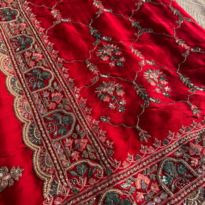 Red Tissue Saree with Unstitched Blouse with Thread, Dabka, Cutdana, Sequins, Mirror, Cutwork and Hand Work Embroidery 7