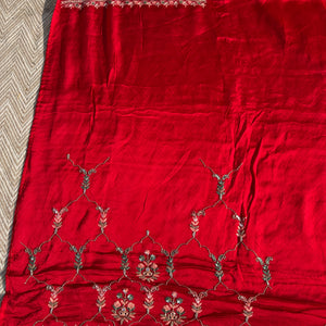 Red Tissue Saree with Unstitched Blouse with Thread, Dabka, Cutdana, Sequins, Mirror, Cutwork and Hand Work Embroidery 8