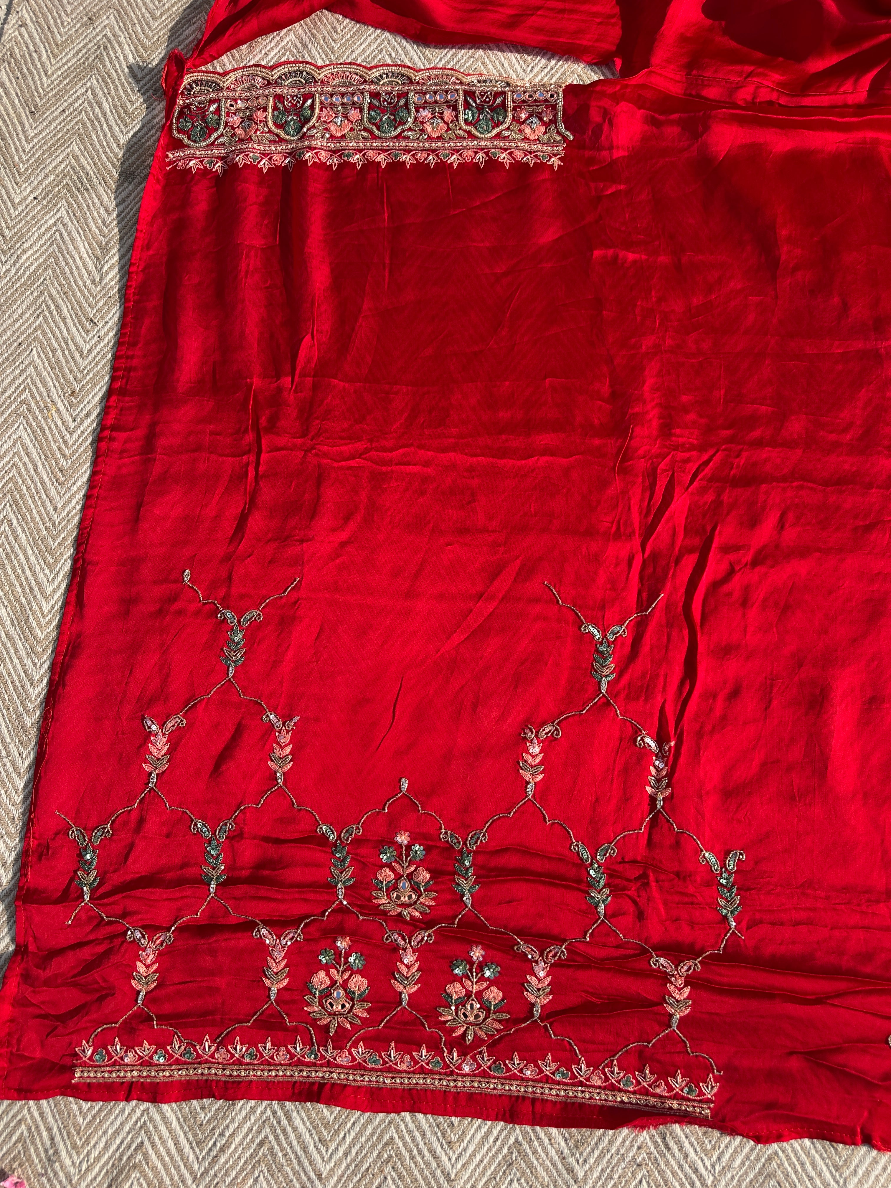 Red Tissue Saree with Unstitched Blouse with Thread, Dabka, Cutdana, Sequins, Mirror, Cutwork and Hand Work Embroidery 8