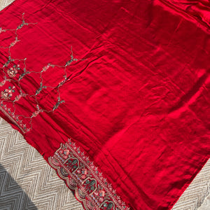 Red Tissue Saree with Unstitched Blouse with Thread, Dabka, Cutdana, Sequins, Mirror, Cutwork and Hand Work Embroidery 9
