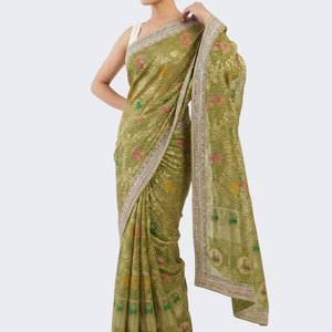 Green Georgette Unstitched Saree Embellished With Sequins, Cutdana & Zari Work