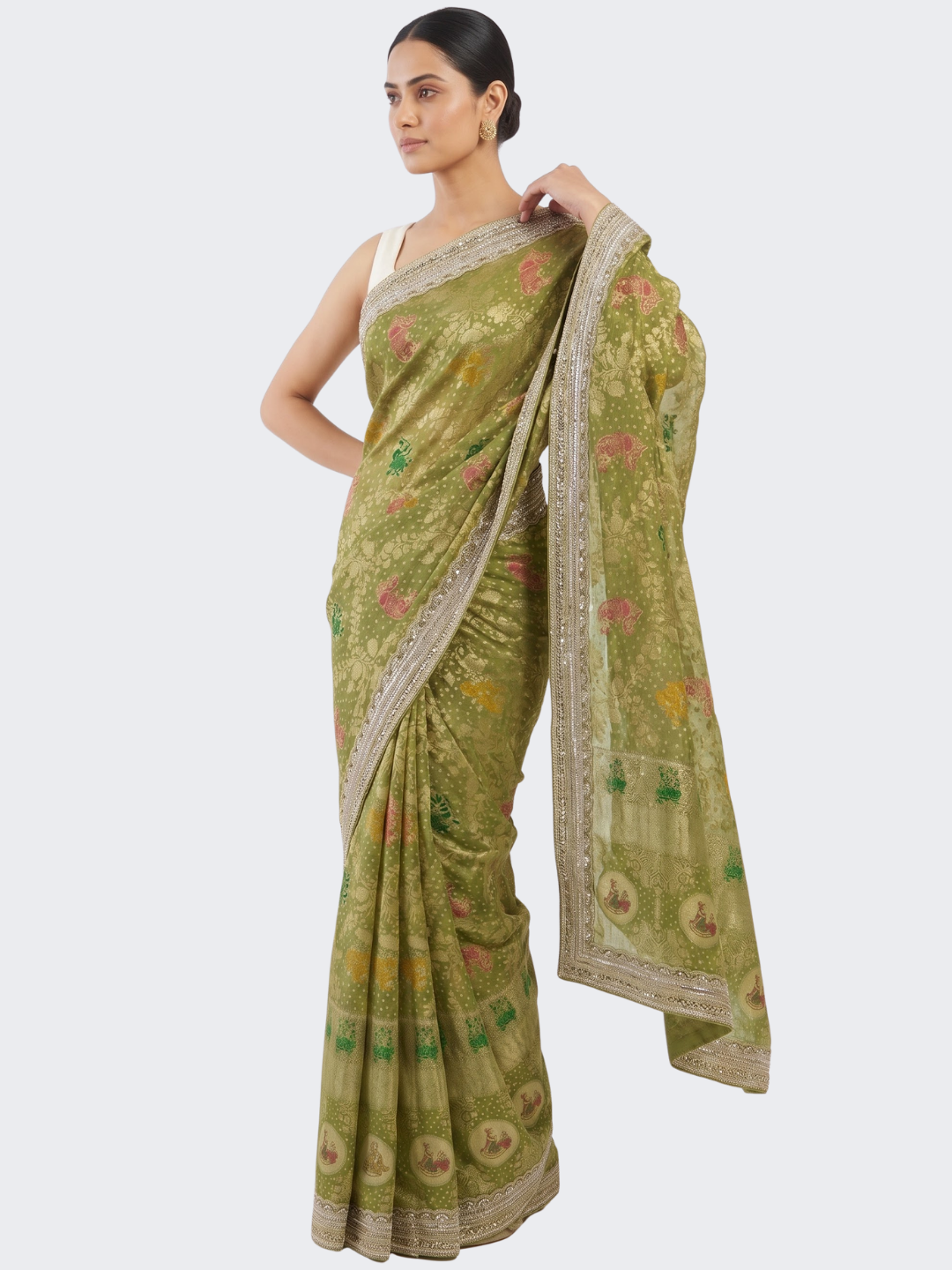 Green Georgette Unstitched Saree Embellished With Sequins, Cutdana & Zari Work