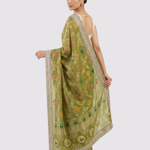 Green Georgette Unstitched Saree Embellished With Sequins, Cutdana & Zari Work