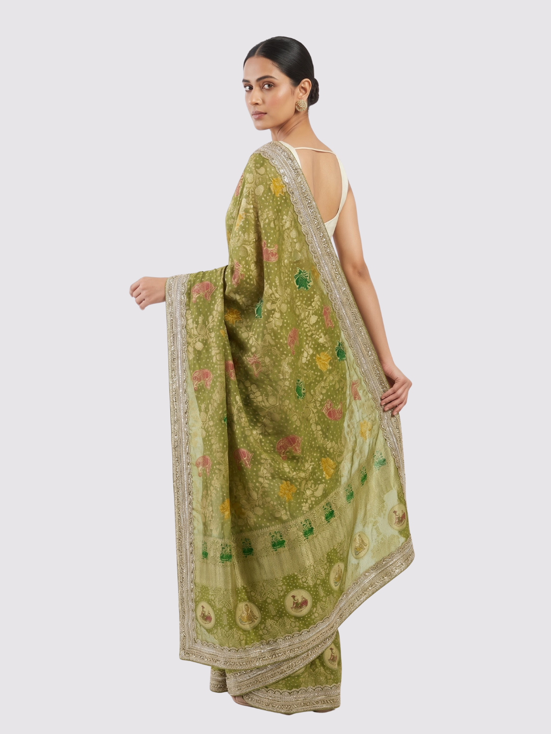 Green Georgette Unstitched Saree Embellished With Sequins, Cutdana & Zari Work