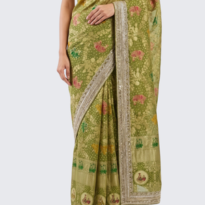 Green Georgette Unstitched Saree Embellished With Sequins, Cutdana & Zari Work
