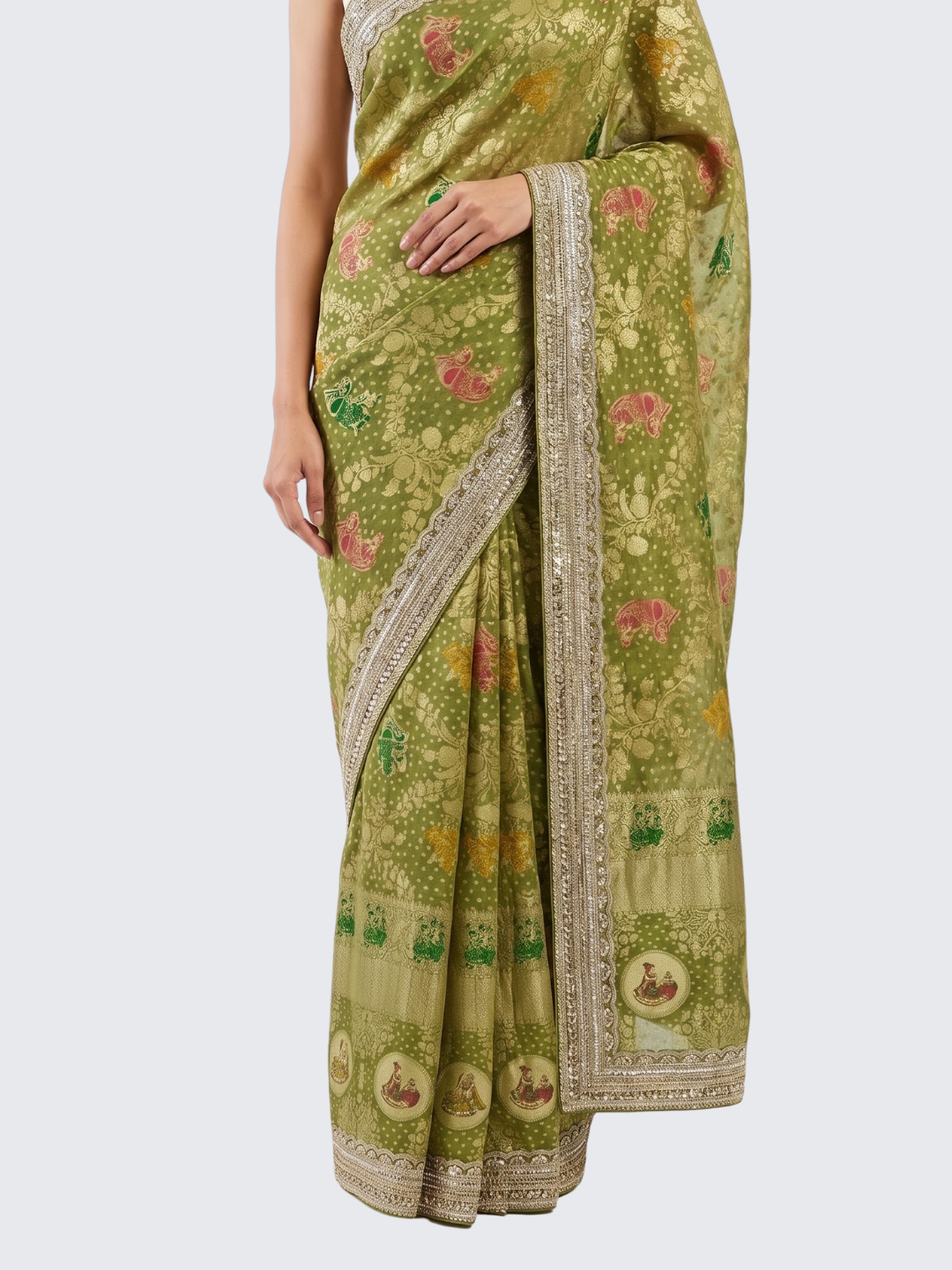 Green Georgette Unstitched Saree Embellished With Sequins, Cutdana & Zari Work