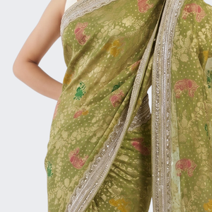 Green Georgette Unstitched Saree Embellished With Sequins, Cutdana & Zari Work