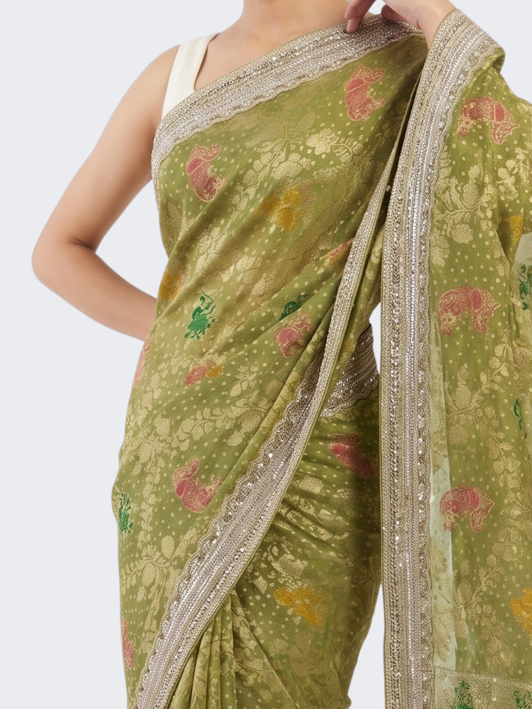 Green Georgette Unstitched Saree Embellished With Sequins, Cutdana & Zari Work