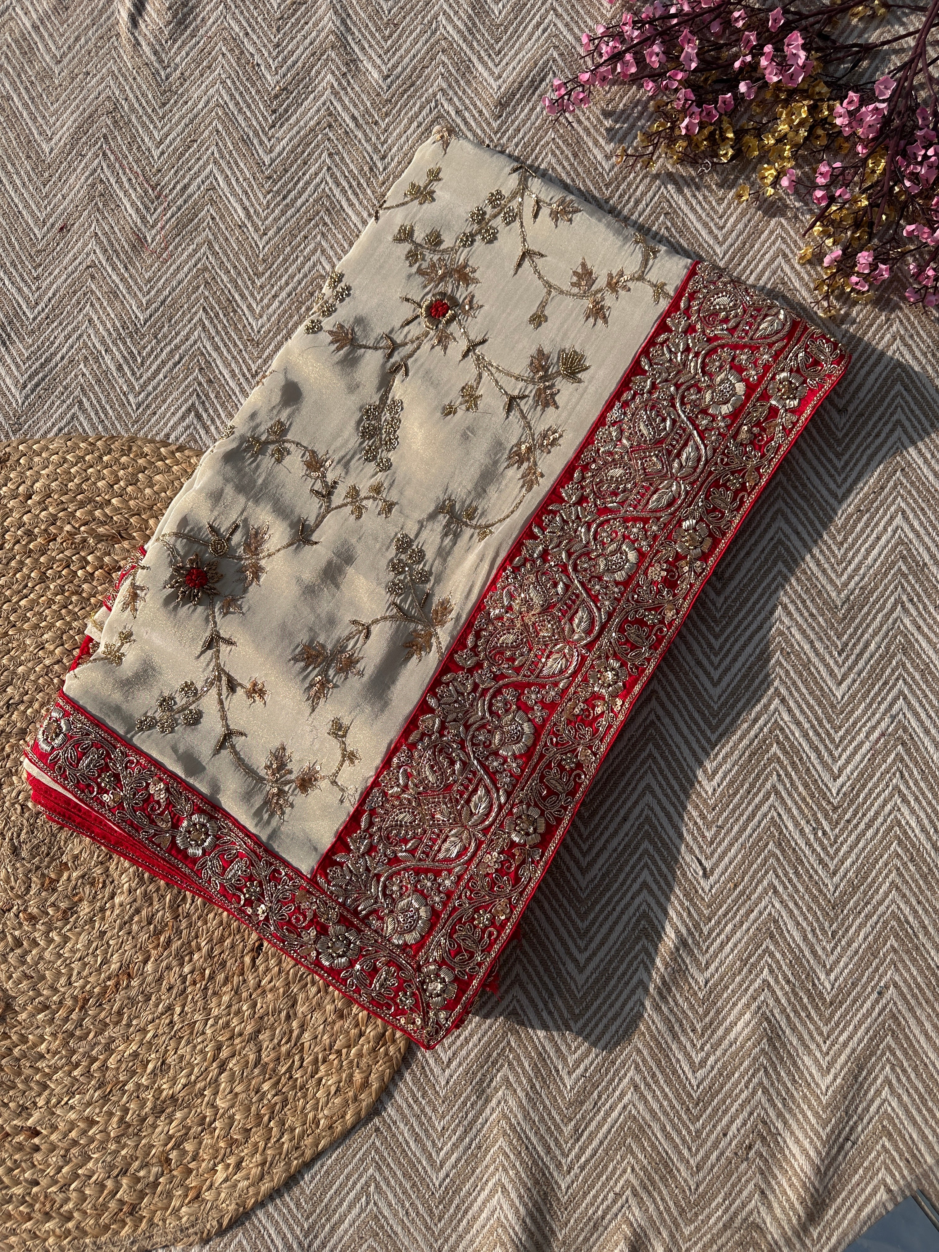 Cream Tissue Saree with Unstitched Blouse with Zari, Dabka, Sequins and Hand Work Embroidery 1