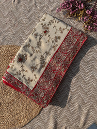 Cream Tissue Saree with Unstitched Blouse with Zari, Dabka, Sequins and Hand Work Embroidery