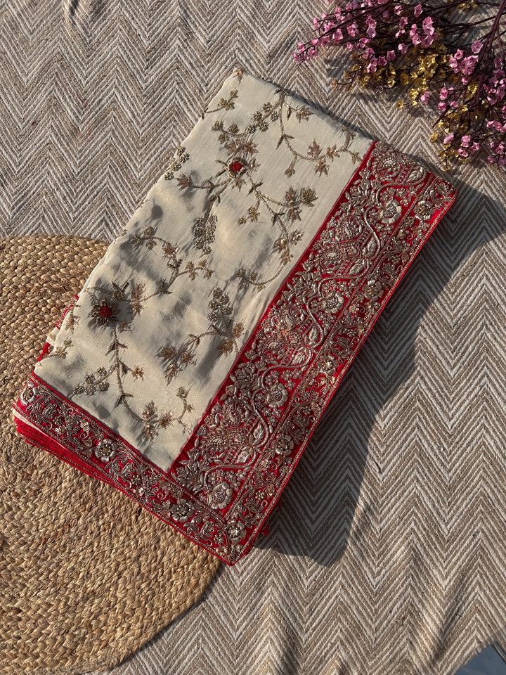 Cream Tissue Saree with Unstitched Blouse with Zari, Dabka, Sequins and Hand Work Embroidery 1