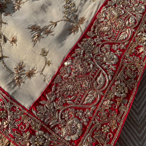 Cream Tissue Saree with Unstitched Blouse with Zari, Dabka, Sequins and Hand Work Embroidery 2