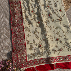 Cream Tissue Saree with Unstitched Blouse with Zari, Dabka, Sequins and Hand Work Embroidery 3