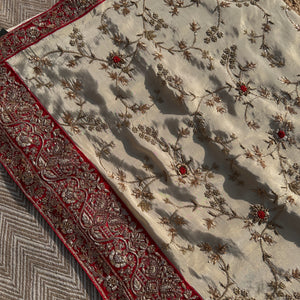 Cream Tissue Saree with Unstitched Blouse with Zari, Dabka, Sequins and Hand Work Embroidery 4