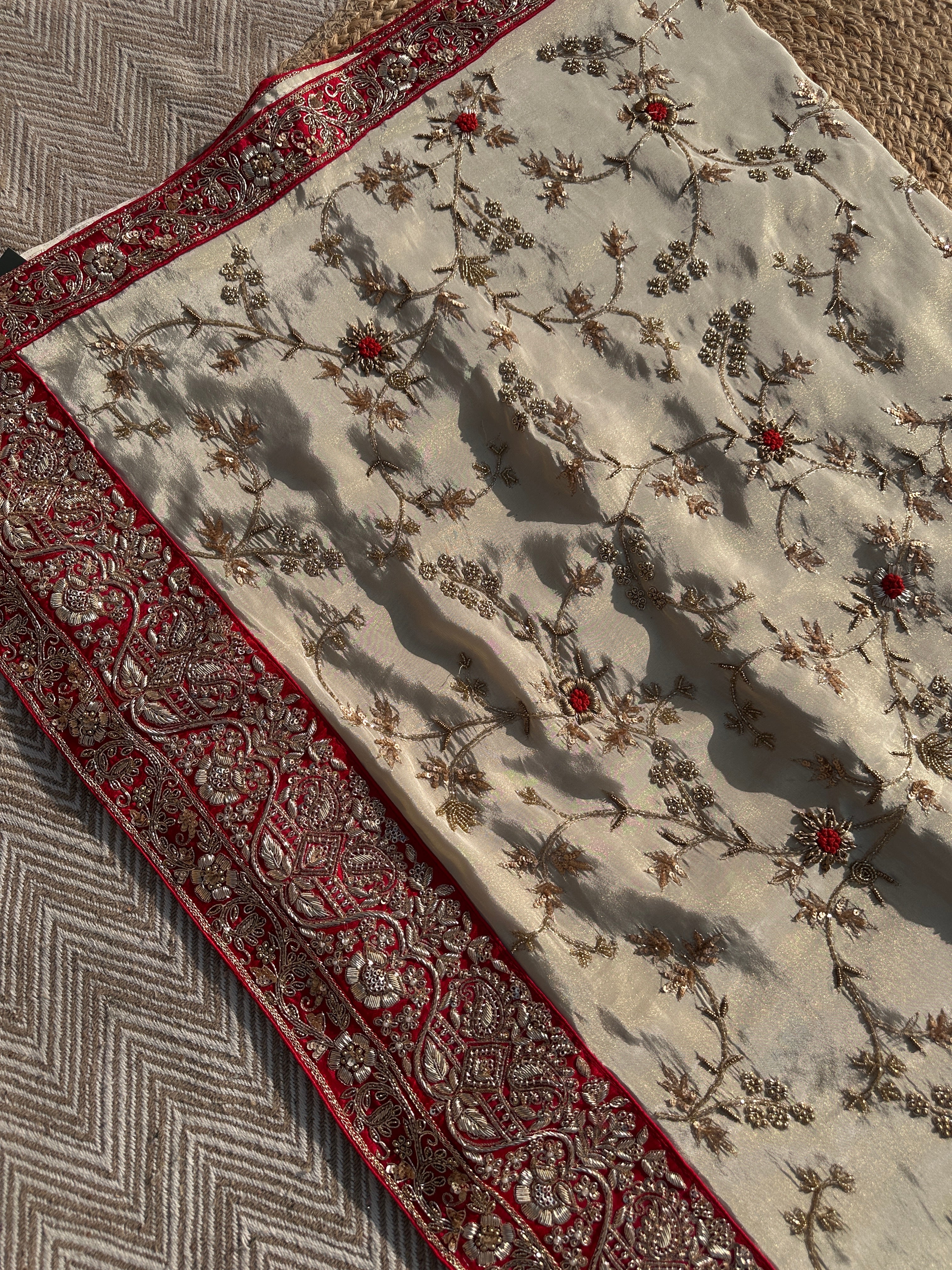 Cream Tissue Saree with Unstitched Blouse with Zari, Dabka, Sequins and Hand Work Embroidery 4