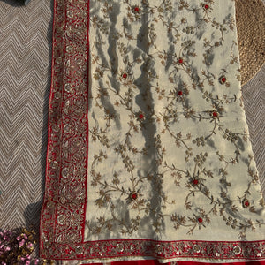 Cream Tissue Saree with Unstitched Blouse with Zari, Dabka, Sequins and Hand Work Embroidery 5