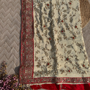 Cream Tissue Saree with Unstitched Blouse with Zari, Dabka, Sequins and Hand Work Embroidery 6