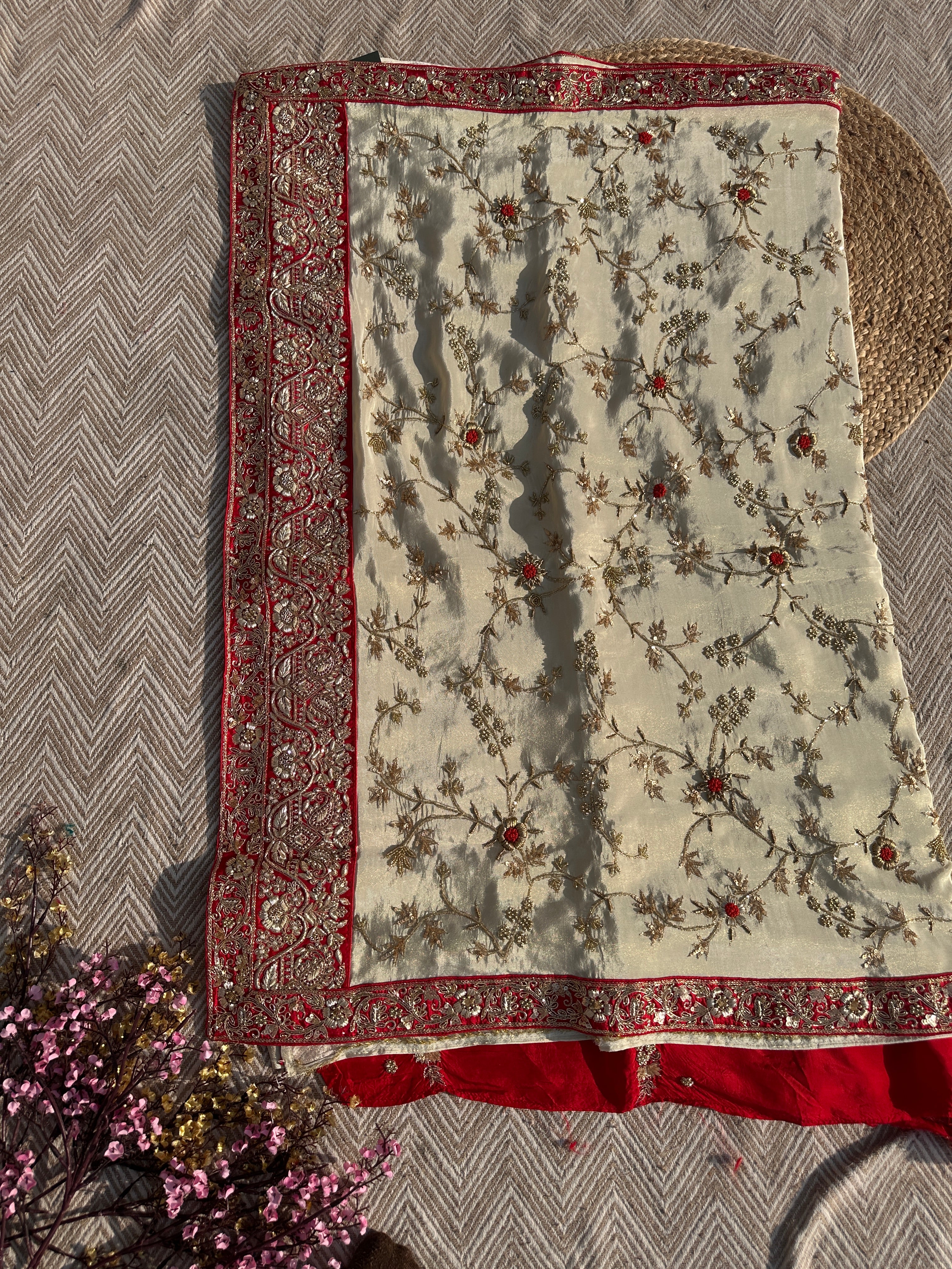 Cream Tissue Saree with Unstitched Blouse with Zari, Dabka, Sequins and Hand Work Embroidery 6