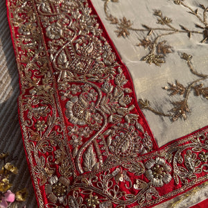 Cream Tissue Saree with Unstitched Blouse with Zari, Dabka, Sequins and Hand Work Embroidery 7