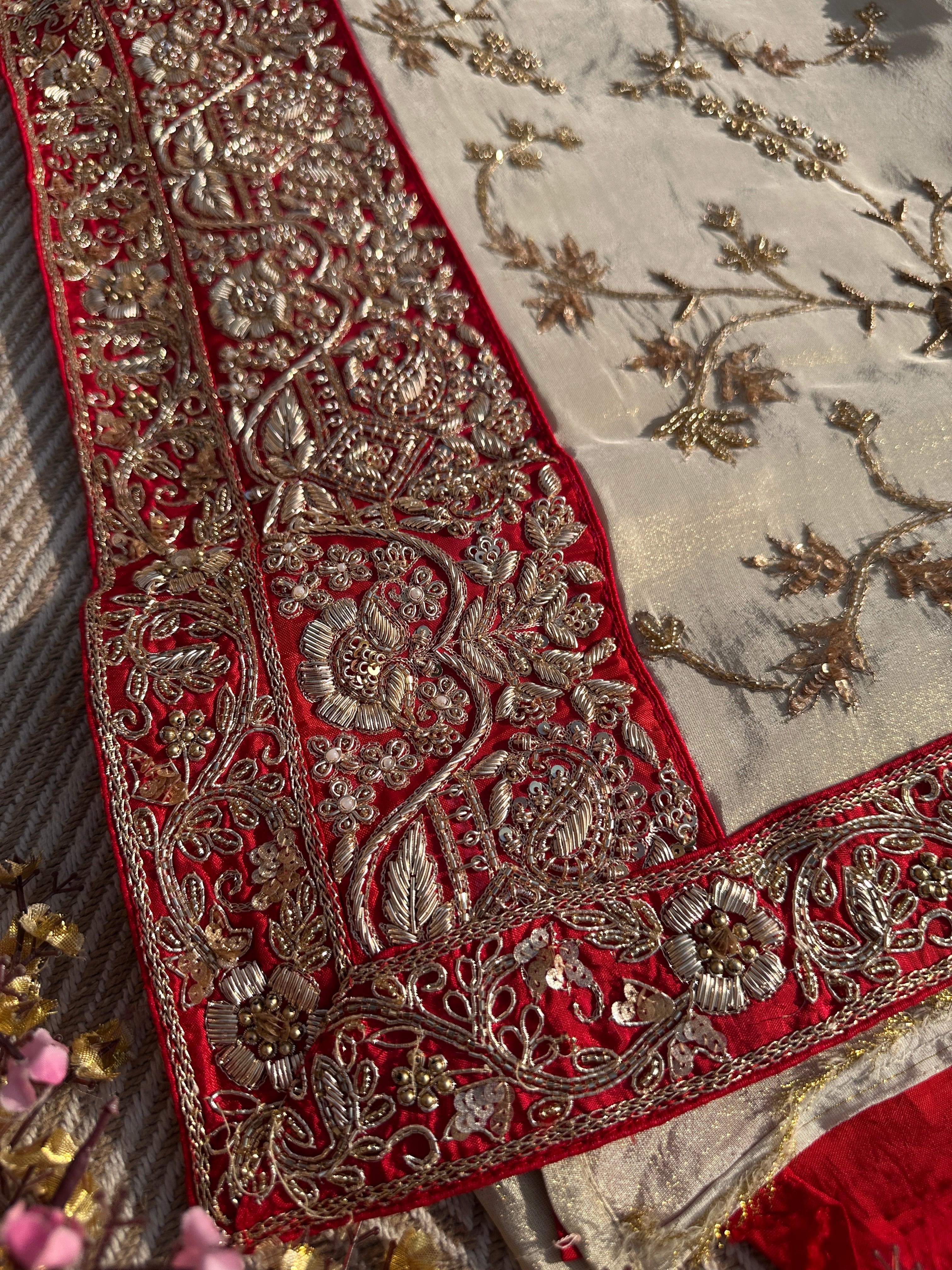 Cream Tissue Saree with Unstitched Blouse with Zari, Dabka, Sequins and Hand Work Embroidery 7