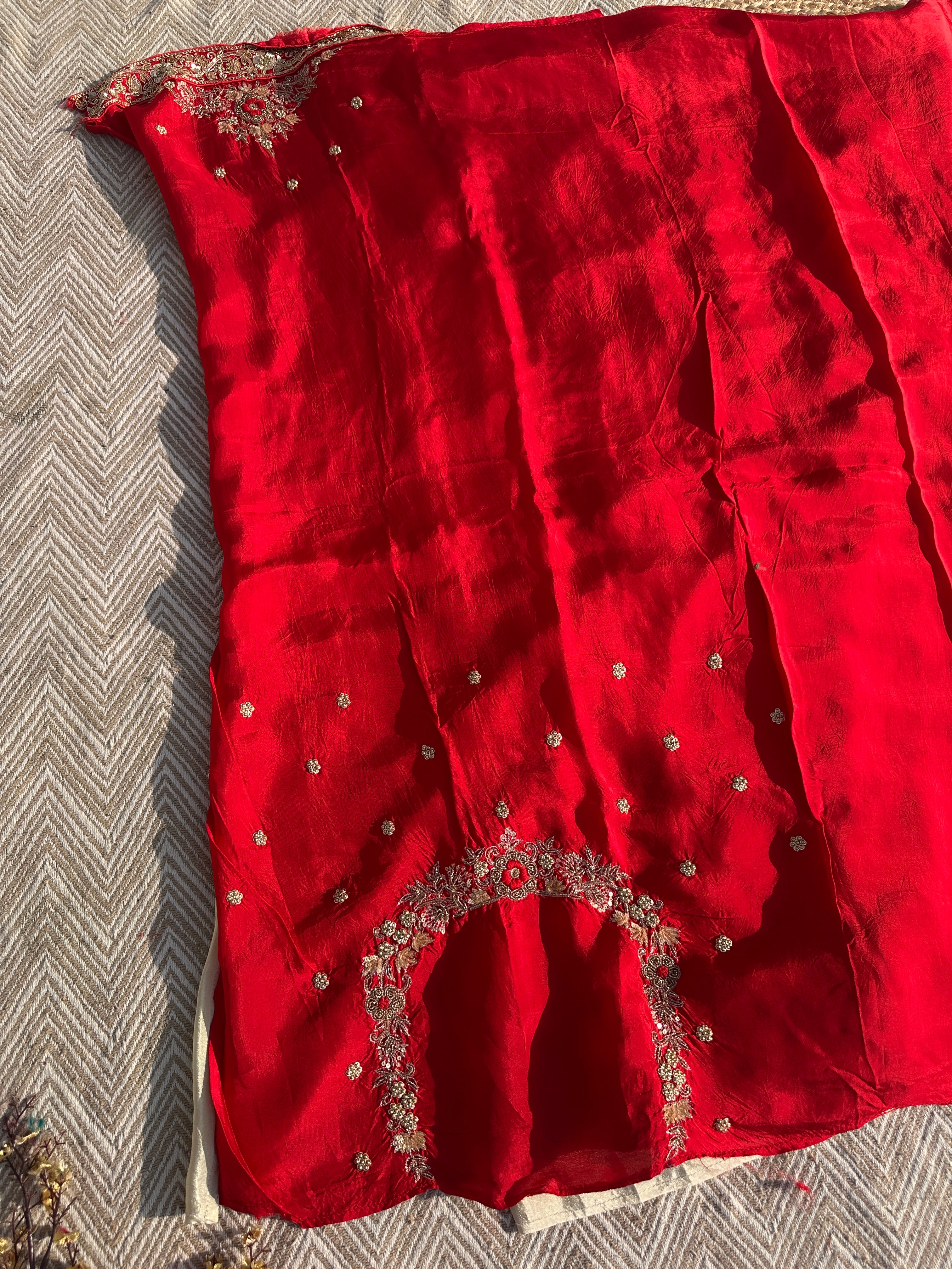 Cream Tissue Saree with Unstitched Blouse with Zari, Dabka, Sequins and Hand Work Embroidery 8
