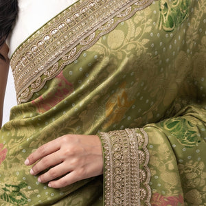 Green Georgette Unstitched Saree Embellished With Sequins, Cutdana & Zari Work