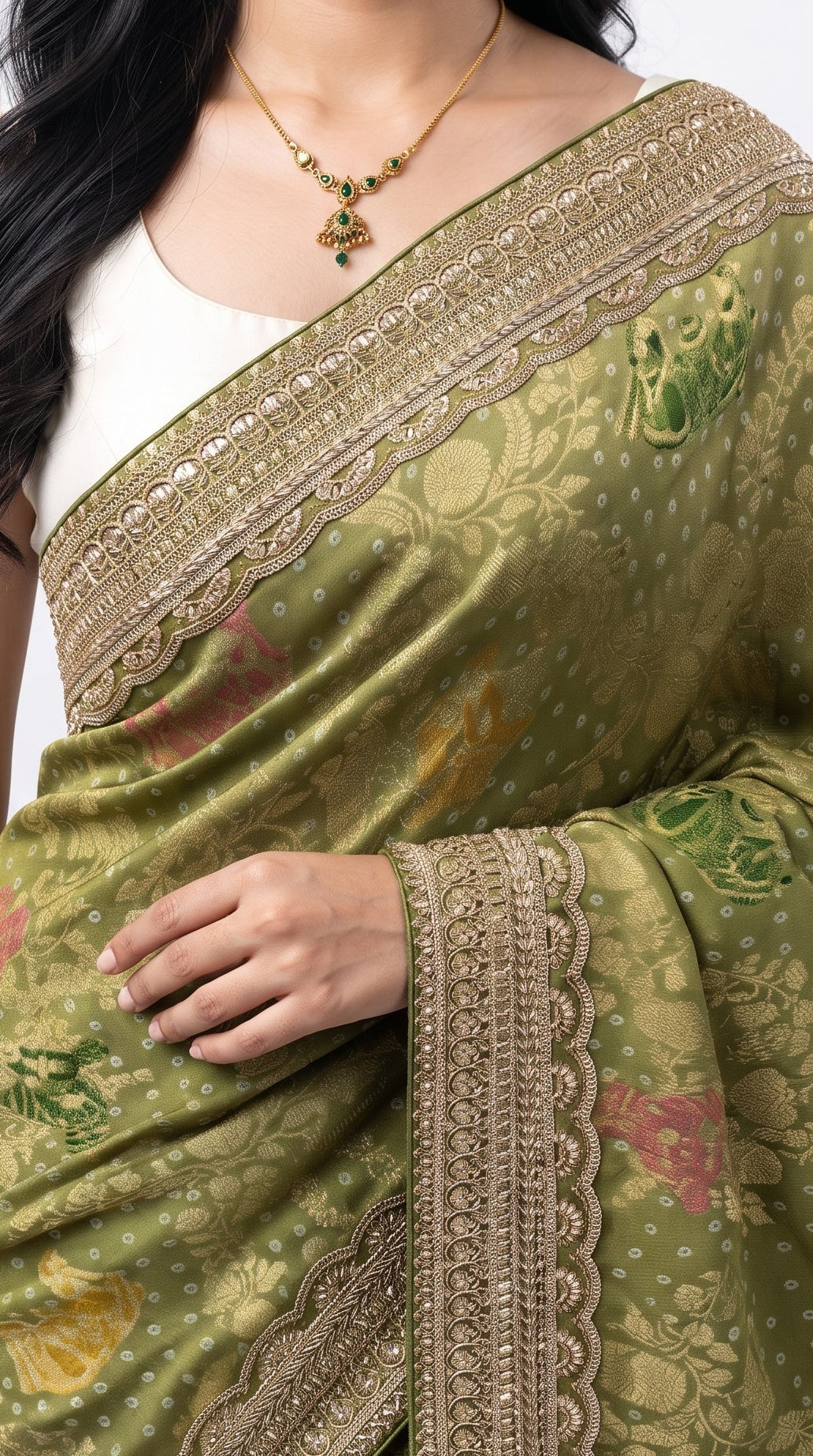 Green Georgette Unstitched Saree Embellished With Sequins, Cutdana & Zari Work