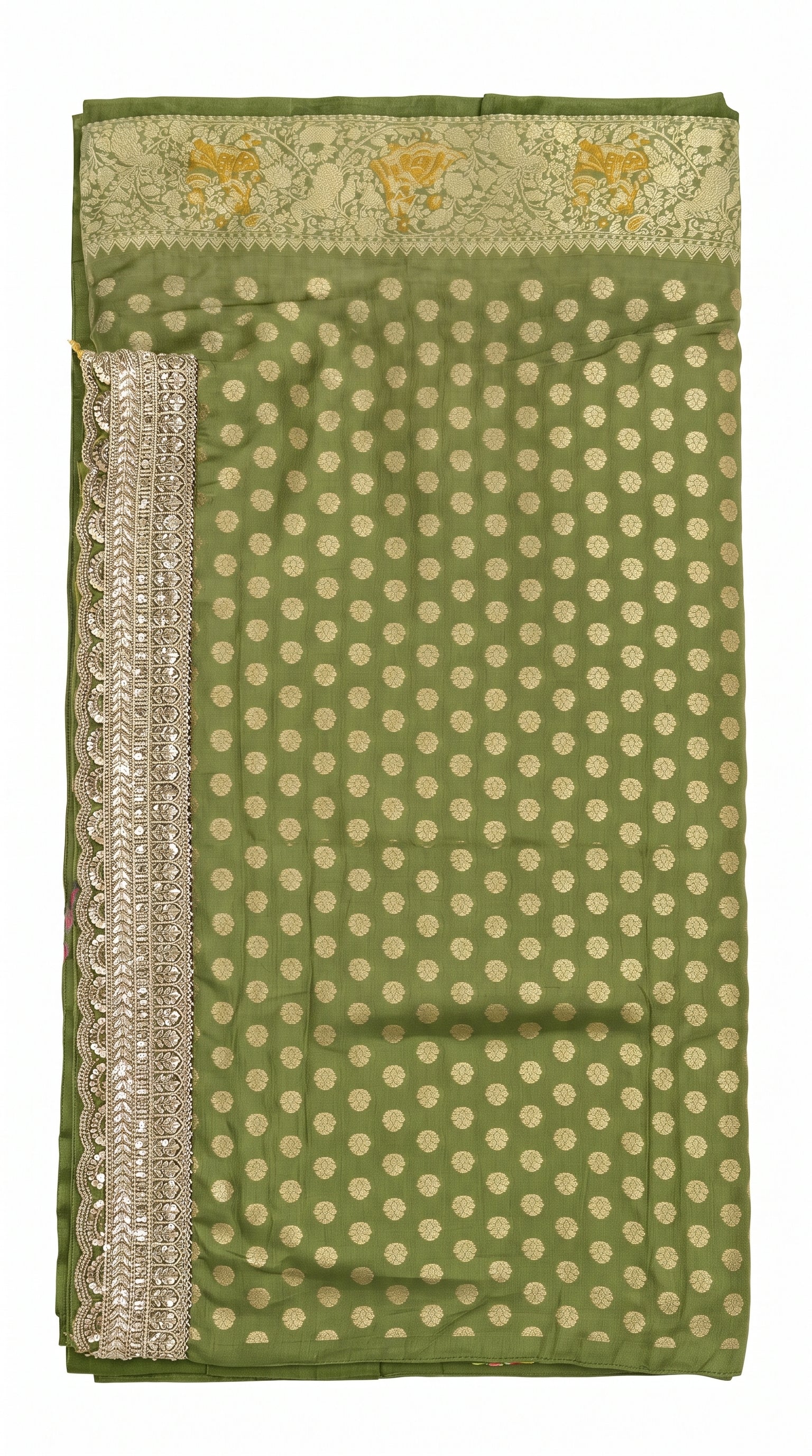 Green Georgette Unstitched Saree Embellished With Sequins, Cutdana & Zari Work