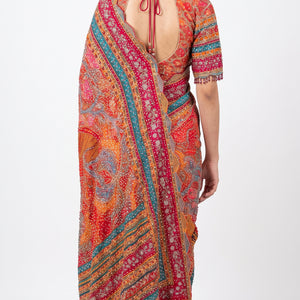 Multicolour Chinon Saree Embellished With Chandala & Zari Work