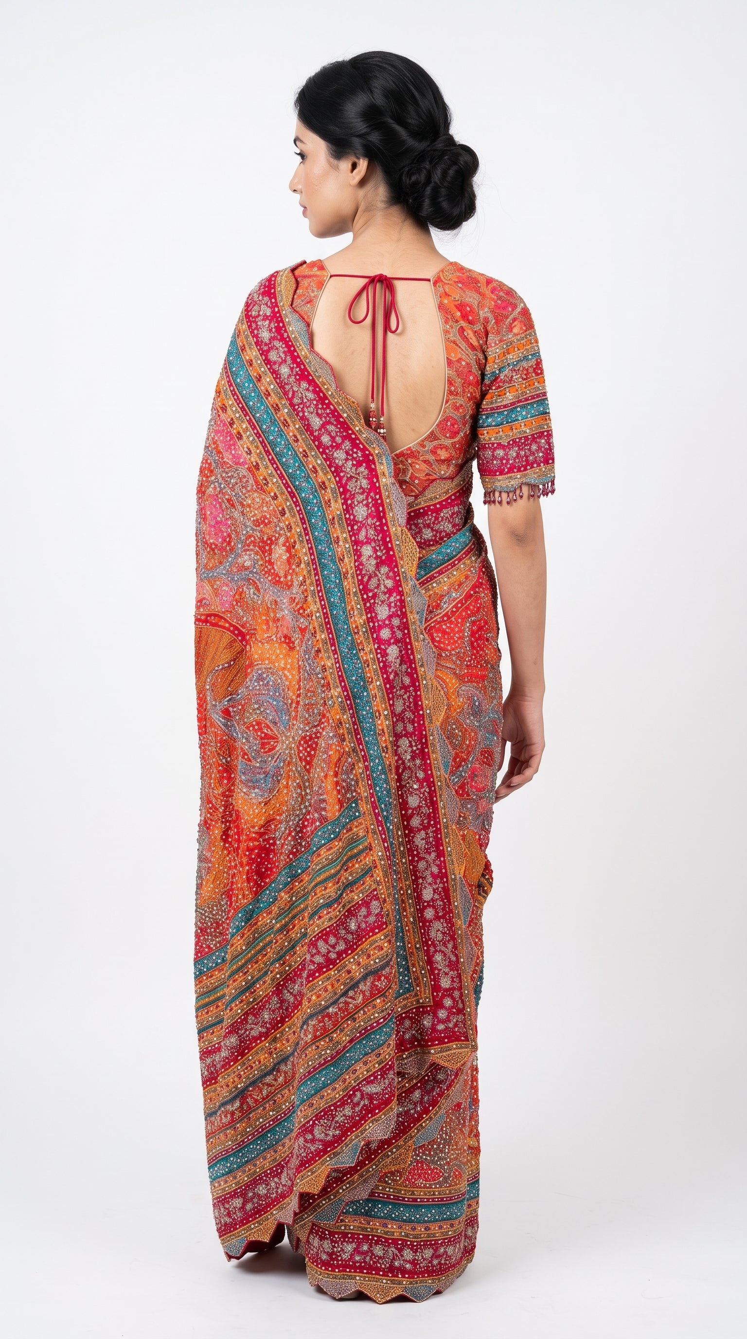 Multicolour Chinon Saree Embellished With Chandala & Zari Work