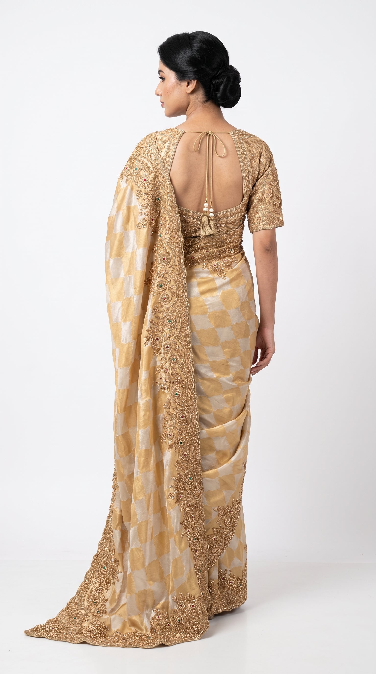Ivory Golden Tissue Saree Embellished With Sequins & Moti Work