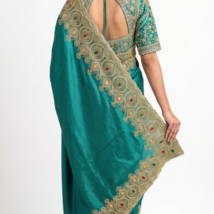 Turquoise Brocade Saree Embellished With Cut Dana, Stone, Sequins & Moti Work