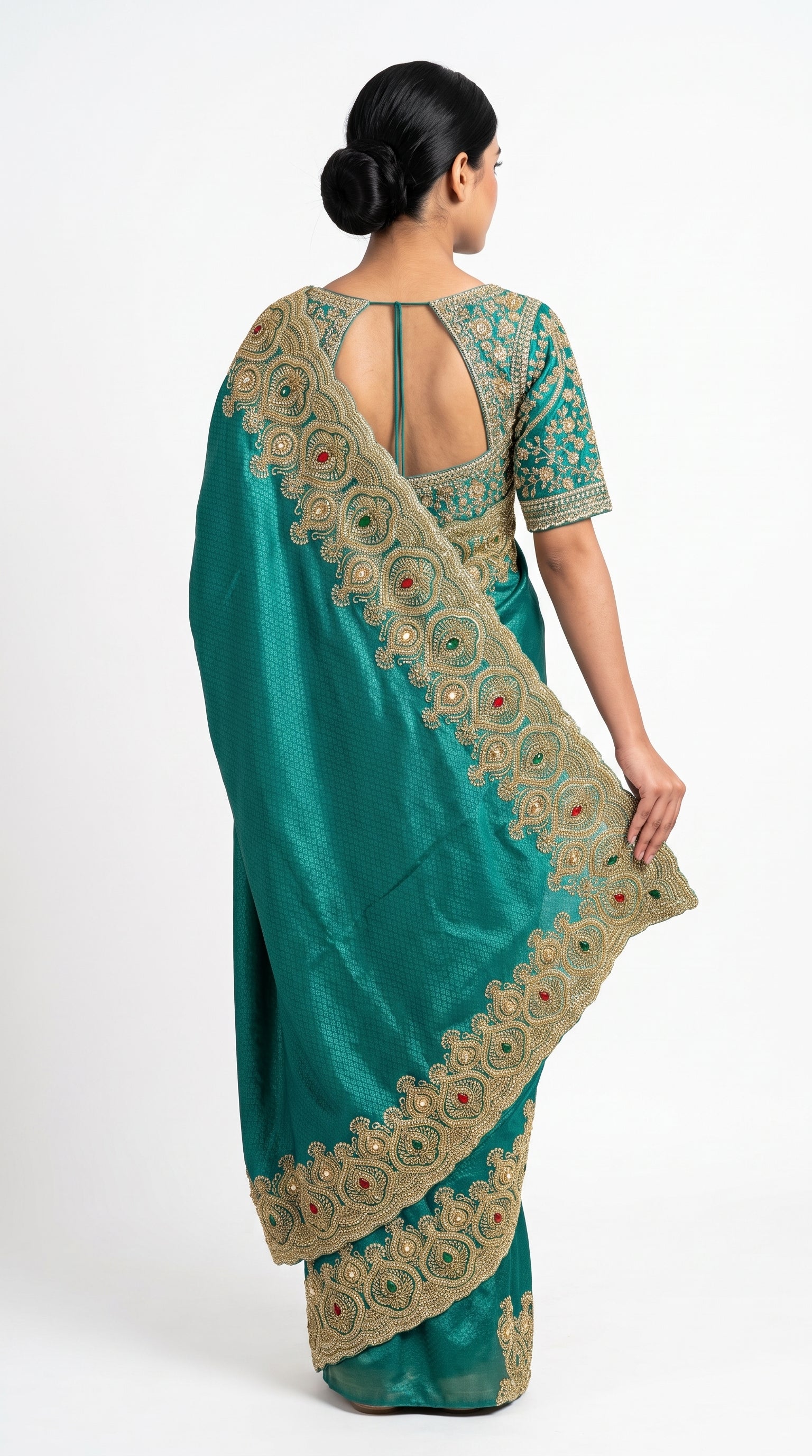 Turquoise Brocade Saree Embellished With Cut Dana, Stone, Sequins & Moti Work