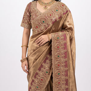 Beautiful Coffee Banarasi Saree Embellished With Sequins & Cut Dana Work