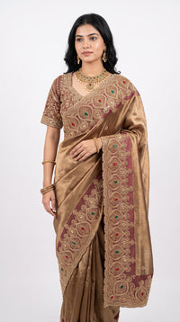 Beautiful Coffee Banarasi Saree Embellished With Sequins & Cut Dana Work