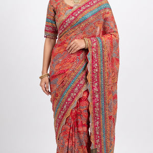 Multicolour Chinon Saree Embellished With Chandala & Zari Work