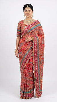 Multicolour Chinon Saree Embellished With Chandala & Zari Work