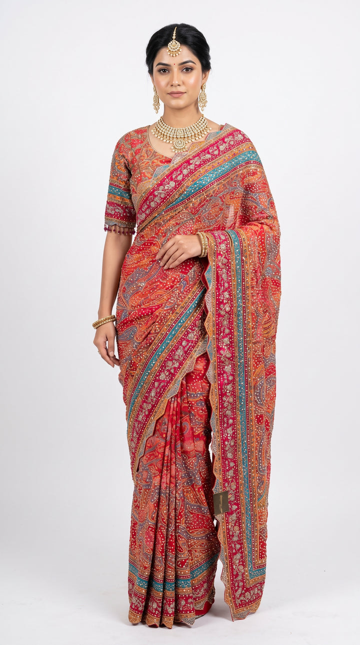 Multicolour Chinon Saree Embellished With Chandala & Zari Work