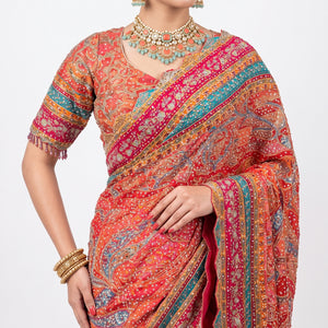 Multicolour Chinon Saree Embellished With Chandala & Zari Work