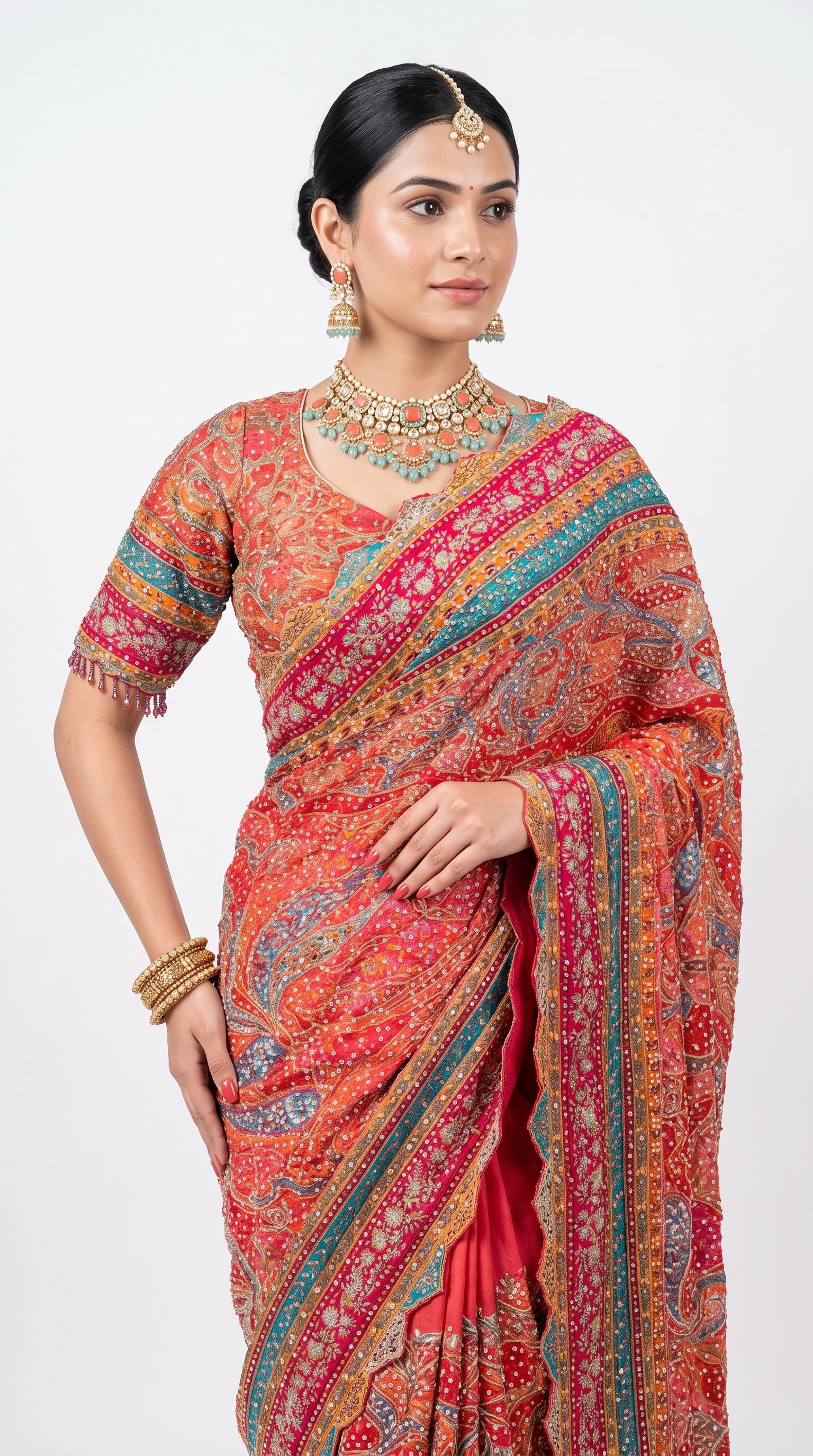 Multicolour Chinon Saree Embellished With Chandala & Zari Work